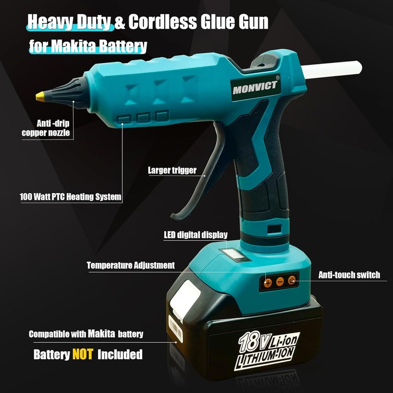 MONVICT 100W Cordless Glue Gun for Makita 18V Battery, Upgraded Digital Temperature Adjustable Handheld Electric Power Full Size Heavy Duty Hot Glue Gun with 10 Glue Sticks (Battery Not Included) - Image 3